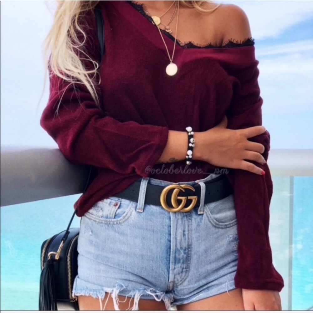 NWOT Off the Shoulder V-neck Lace Trim Burgundy Sweater